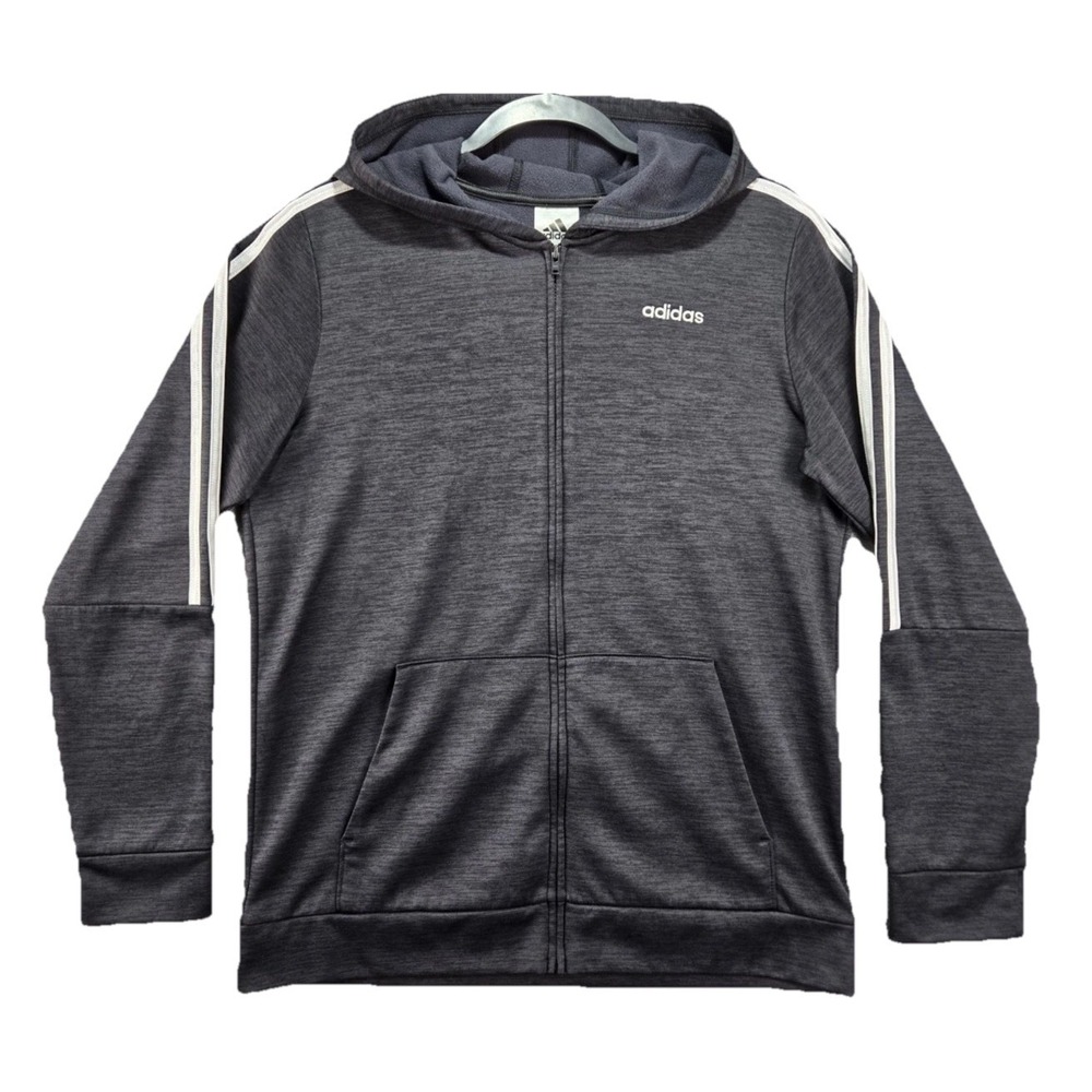 ADIDAS Boys Youth Full Zip Hoodie Gray Black Sweatshirt L 14 16 White Stripe